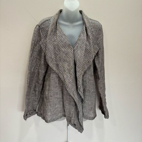 Flax Checkered Linen Long Sleeve Wrap Around Boho Lagenlook Cardigan small tan - Picture 1 of 6